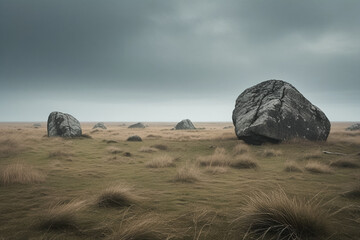 A deserted grassland with scattered large weathered boulders under a grey overcast sky. The landscape feels vast and empty, evoking a contemplative and melancholic mood. Soft diffused natural lighting