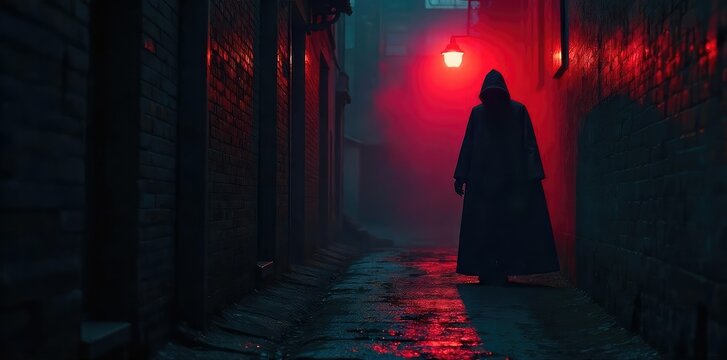 A shadowy figure lurking in a dark alley, shrouded in mystery and suspicion; a clear depiction of malice and ill intent , fear, despicable