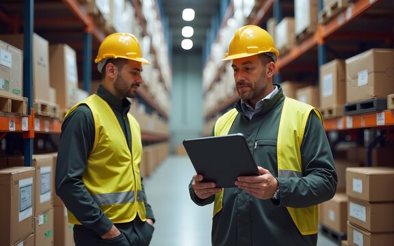 Warehouse manager explaining logistics to workers holding tablet. High quality - Powered by Adobe
