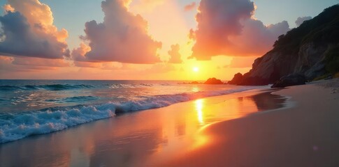 A serene beach scene at sunset, symbolizing the calm and peaceful lifestyle associated with achieving financial independence and escaping the daily grind , financial freedom, adventure