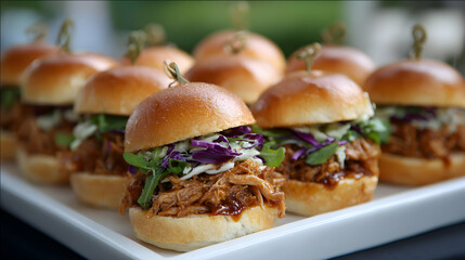 Close Up Of Mini Pulled Pork Sliders On White Platter With Blurred Background