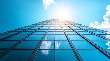 A sleek modern glass skyscraper its shimmering facade reaching towards the vibrant sunlit sky