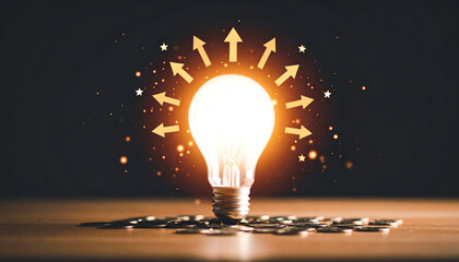 A glowing light bulb radiates creativity and inspiration, surrounded by coins, symbolizing ideas and financial success