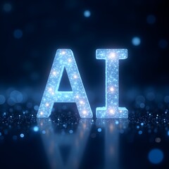 holographic AI text made of digital particles and circuit lines in futuristic blue space with binary code, mesh waves, tech lights, and data effects