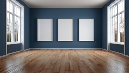 Empty room with three blank frames,  teal walls, light wood floor, large windows