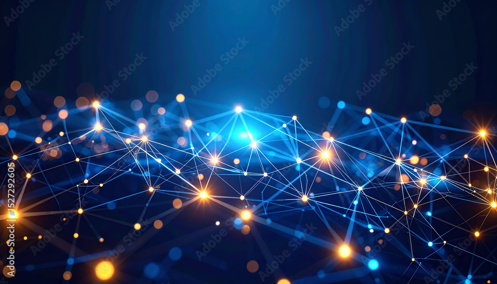 Poster abstract digital network with glowing nodes and lines, representing connectivity and technology in a