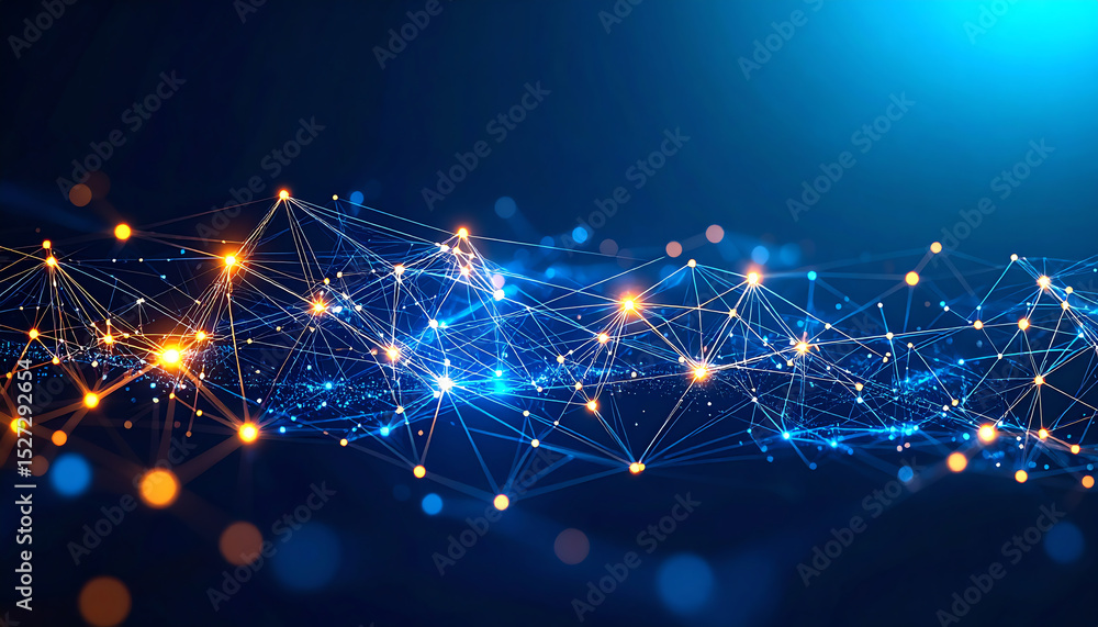 Poster abstract digital network featuring interconnected nodes and glowing lines, creating a futuristic app