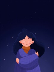 Avatar Embracing Herself on a Locked Screen Against a Starry Backdrop in a Calm Moment of Self-Love