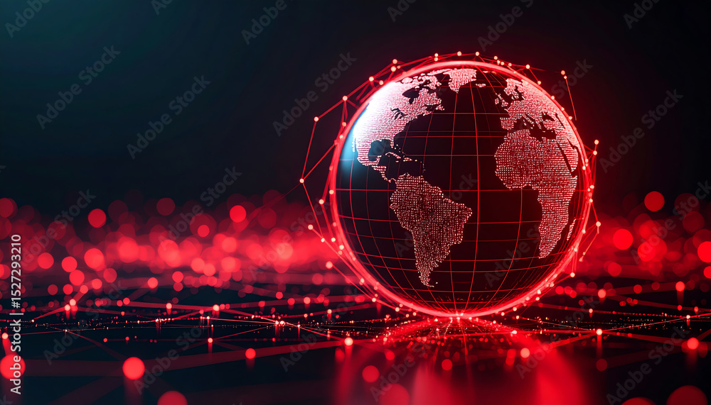 Poster a digital globe with a red network design, featuring a grid overlay and glowing points, representing