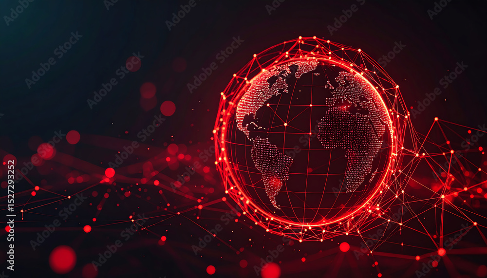 Poster a digital globe surrounded by red lines and dots, representing connectivity and technology in a mode