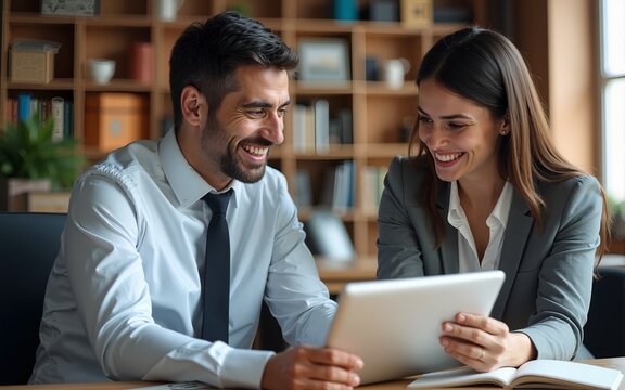 Businesspeople smiling and discussing content in a book. High quality