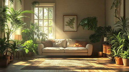 stylish living room interior featuring cozy sofa surrounded by lush greenery, creating serene