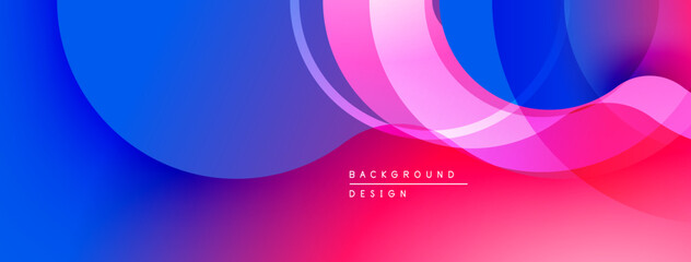 Abstract background features overlapping circles, vibrant gradients. Blue transitions to pink, creating dynamic visual effect. Modern design element.