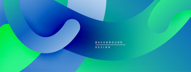 Abstract fluid shapes, vibrant blues, greens create dynamic background. Smooth gradients, modern design elements present.