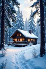 A cozy and rustic cabin nestled deep within a snowy woodland, providing a sense of peaceful seclusion and winter warmth , warmth, log cabin, escape