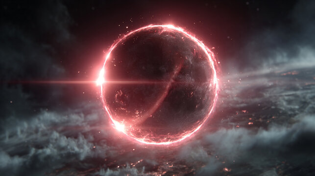 Red planet with glowing aura and lens flare in dark space environment design