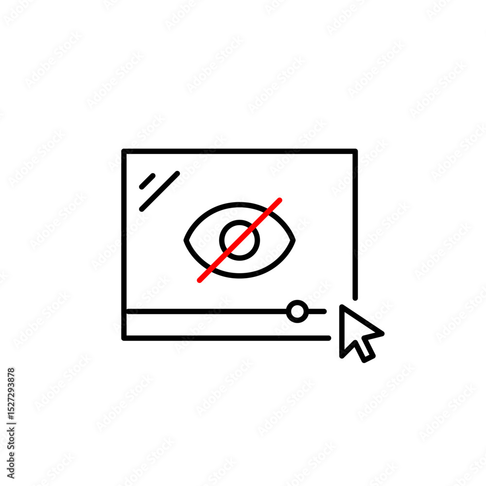 Poster vector icon of video player with click symbol and crossed-out eye, symbolizing hidden playback, priv