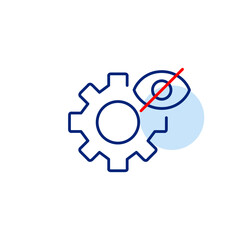 Vector icon of cogwheel with crossed-out eye, representing restricted access, concealed controls, or disabled features. Ideal for admin panels, security apps, and privacy settings