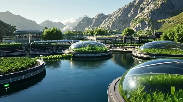 Futuristic greenhouse pods floating on serene water, surrounded by mountains and lush greenery