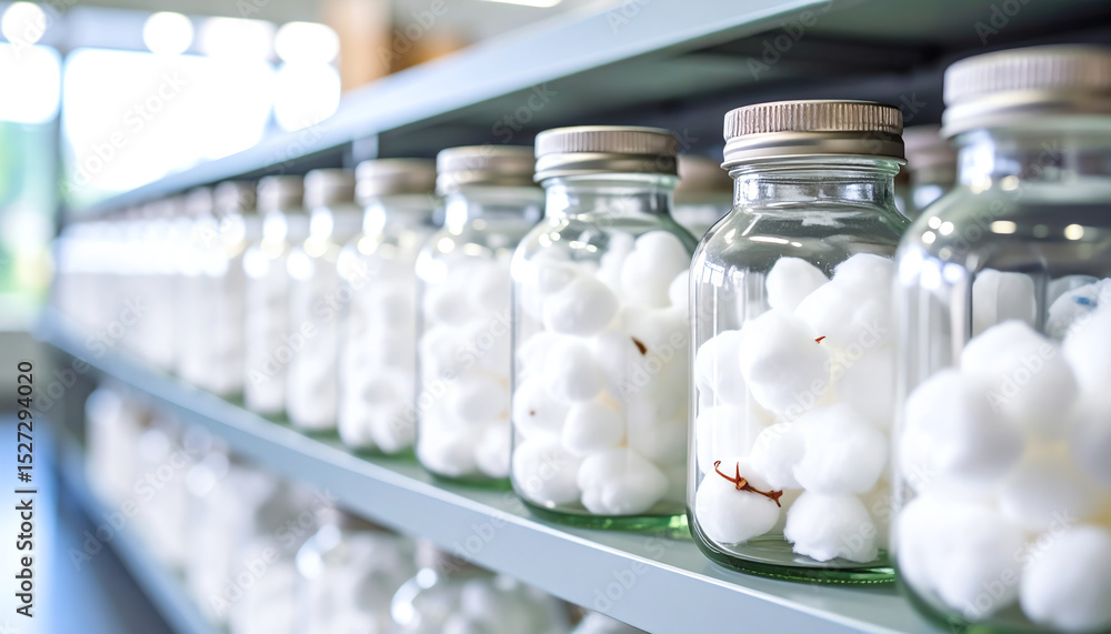 Poster glass jars filled with cotton balls are neatly arranged on a shelf, creating a clean and organized a