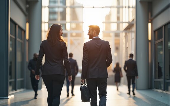 Business people walking and talking outside office building. High quality
