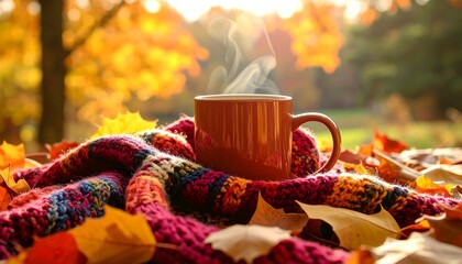 Steaming Mug on Knit Blanket Amidst Autumn Leaves
