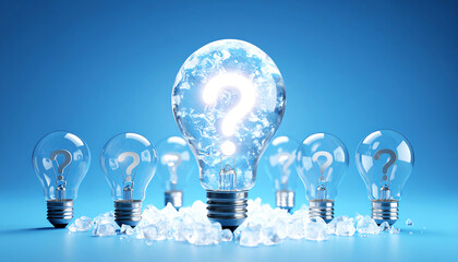 A glowing light bulb with a question mark stands out among several others, symbolizing ideas, curiosity, and innovation against a blue backdrop