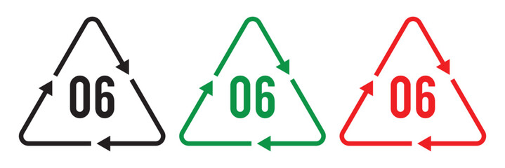 Recycling code icon set. Plastics, Batteries, Paper, Metals, Organic Biomatters, Glass and composites vector symbols. Set of recycling codes for plastics, plastic, recycle, symbol in eps 10.