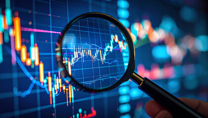 A magnifying glass focuses on a colorful stock market chart, illustrating data analysis and financial trends in a digital environment