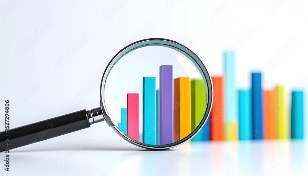 Poster a magnifying glass focuses on colorful bar graphs, symbolizing data analysis and insights in a vibra
