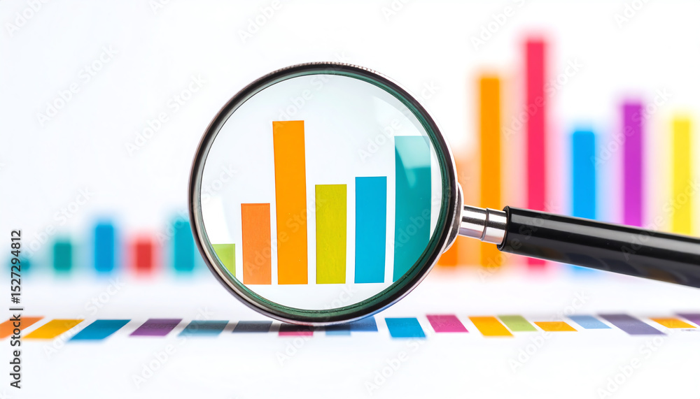 Poster colorful bar graphs are magnified by a lens, illustrating data analysis and visualization in a vibra