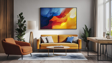 Stylish Scandinavian living room with vibrant artwork and modern furniture