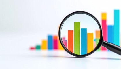 Colorful bar graphs viewed through a magnifying glass, symbolizing data analysis and growth
