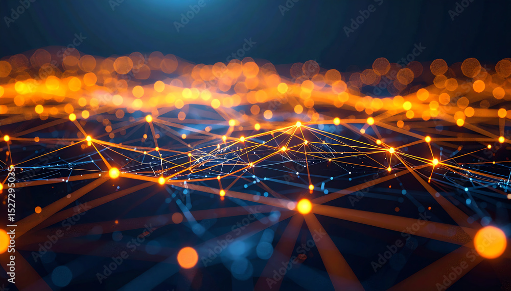 Poster abstract visualization of interconnected nodes and glowing lines, creating a digital landscape with 
