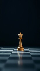 A singular queen chess piece stands poised on a reflective chessboard under a dramatic spotlight.