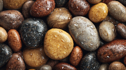 Smooth pebbles glistening with water close-up on transparent background

