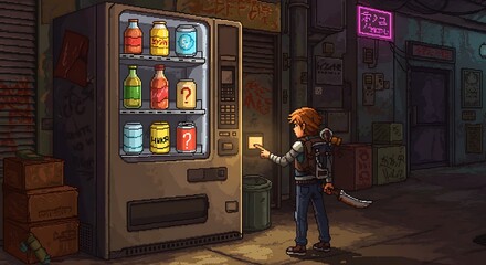 Pixel Art Character Interacting with Vending Machine in a Post-Apocalyptic Alley