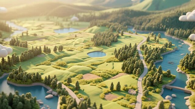 Whimsical cinematic animation of stylized Yellowstone landscape with lush green hills, winding rivers, forests, and patchwork fields, soft light casting shadows as camera glides slowly overhead