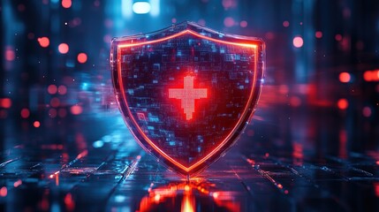 A glowing police shield deflecting cyberattacks in a digital world 