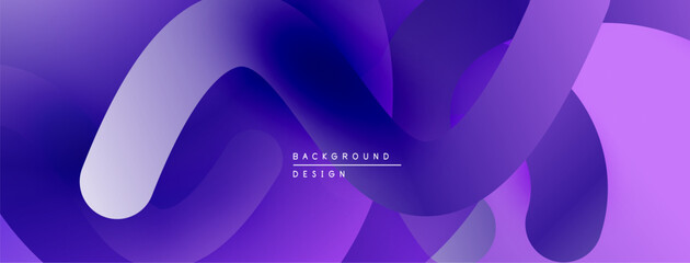 Abstract purple waves create flowing background. Smooth gradients suggest depth, modern design elements present.