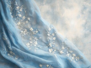 Elegant Light Blue Fabric with Delicate White Floral Embroidery Design