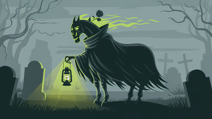 Flat Design Illustration of a Dullahan in a Misty Graveyard Holding a Lantern with a Black Rose on Its Neck