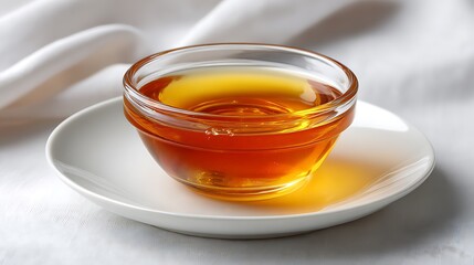 A clear glass bowl filled with amber liquid, placed on a white plate against a soft background.