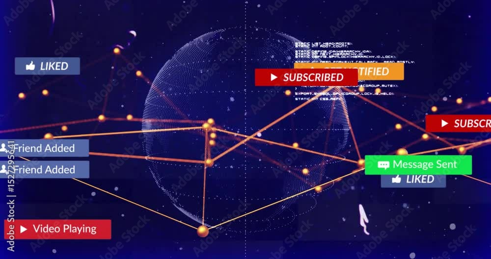 Poster on start, globe rotating while notifications pulsing or orbiting or dispersing showing network engag