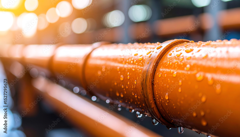 Poster a close-up of an orange pipe with water droplets, illuminated by soft bokeh lights in the background