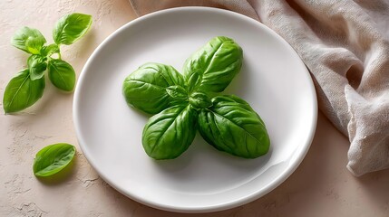 Fresh basil leaves arranged in a clover shape on a white plate