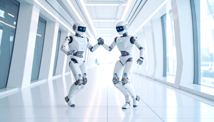 Two futuristic robots are joyfully dancing together in a sleek, modern corridor, showcasing advanced technology and a playful interaction
