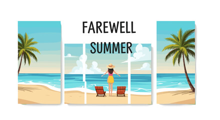 Farewell summer beach scene with woman, palm trees, ocean, chairs, and text in a triptych format scene