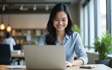 Focused asian businesswoman working on laptop in modern office. High quality