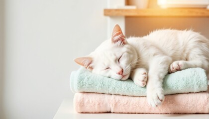 White cat lying on clean towels in cozy indoor setting  